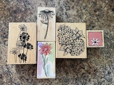 LOT of 5 Flower Floral Rubber Stamps Wood Mounted