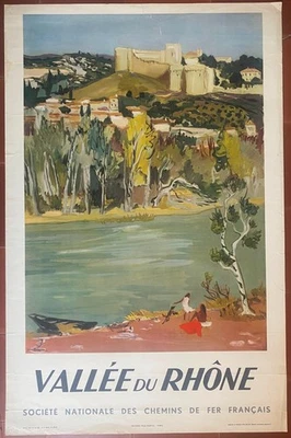 Affiche Tourisme VALLEE DU RHONE Yves Brayer SNCF Chemins de Fer 65x100cm 1951 - Photo 1/4