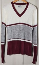 VTG Sweater Justin Blake Sportswear Men Size M Ivory Burgundy Striped V-neck