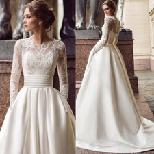 Vintage Satin Wedding Dresses Boat Neck Long Sleeve Lace Appliques Bridal Gowns