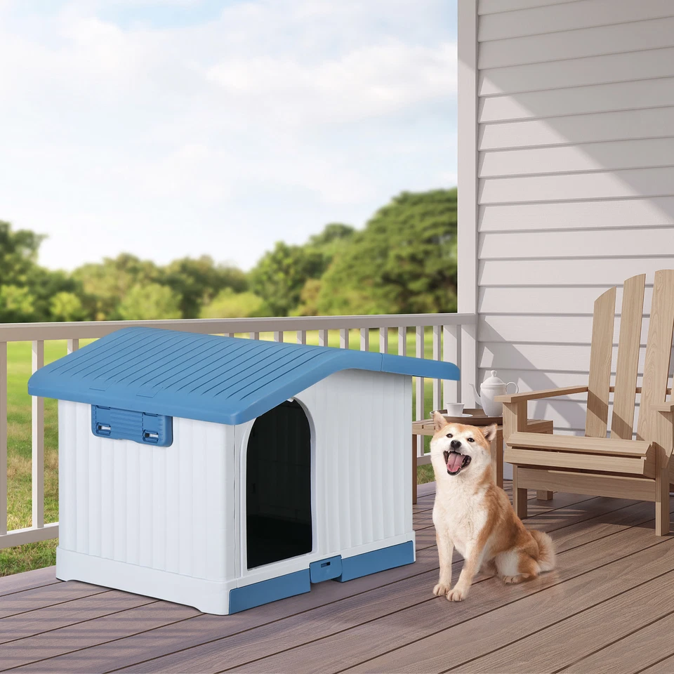 Gran casa de plástico para perros interior exterior perrera impermeable refugio para cachorros azul Foto 2 de 4