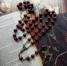 Traditional Vintage Bronze Natural Red Wood Beads Holy Rosary for Catholic Gift