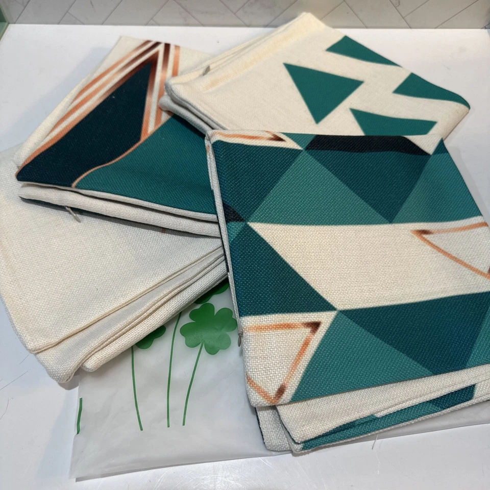 Set of 4 Throw Pillow Covers Modern Abstract Geometric White Teal Green 18x18 - Image 2 of 3