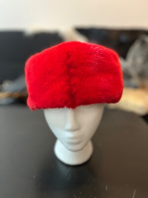 Red Mink Fur Pillbox Hat Size L Silk Lining Good for Lunar New