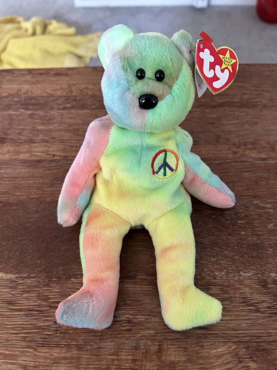 Ty Beanie Baby: Peace Bear 1996 Neon, TAG ERROR, stamped tush
