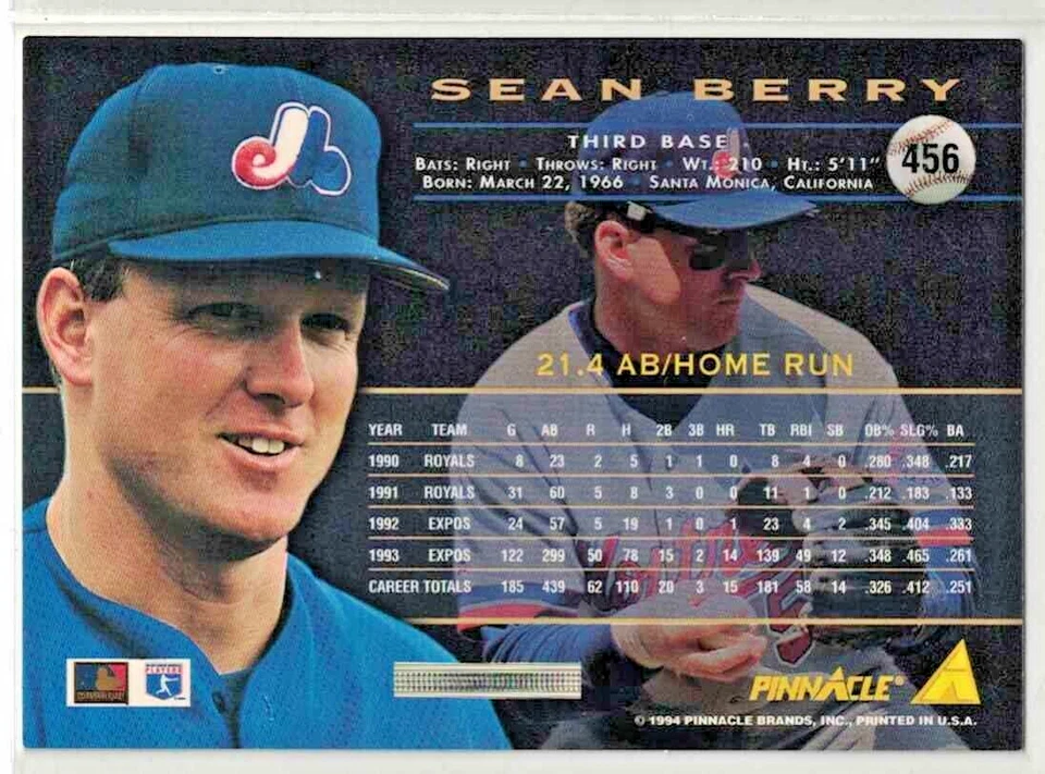 1994 PINNACLE #456 SEAN BERRY ON CARD AUTOGRAPH MONTREAL EXPOS 3RD BASEMAN MLB - Image 2 of 2