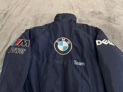 CHAQUETA DE CARRERAS VINTAGE PARA ADULTOS F-1 2025, CHAQUETA BMW AZUL MARINO BORDADO ALGODÓN ACOLCHADO - Imagen 11 de 16