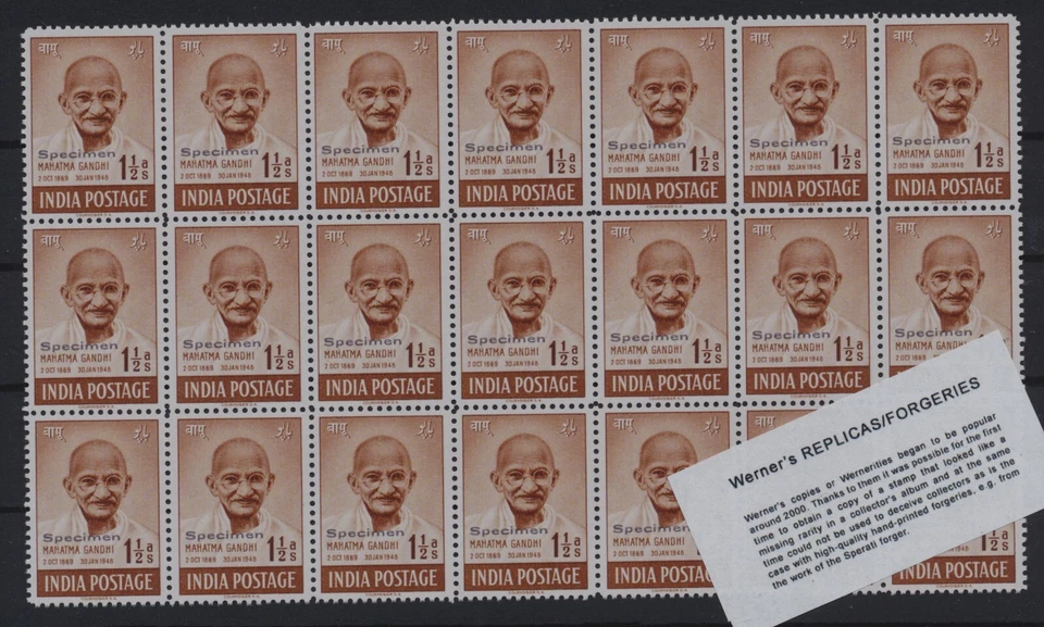 FALSIFICACIÓN - Hoja de FALSIFICACIÓN/RÉPLICA de Werner de 1948 Gandhi "Especimen" sobreimpresión Foto 2 de 4