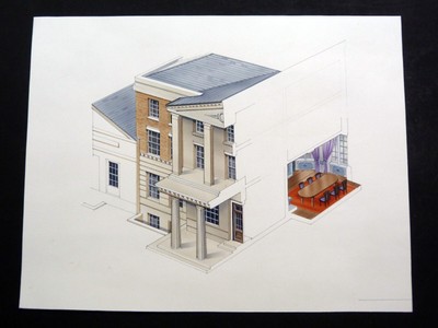 ORIGINAL ARCHITEKTONISCHES AQUARELL Haus im georgianischen Stil & Ausschnitt
