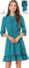 Allegra K Women Ruffle Hem 3/4 Sleeve A-Line Chiffon Mini DRESS Lake GREEN, L 16