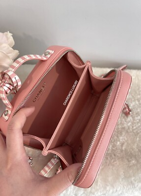 RARE! 🌸19C CHANEL Caviar Vanity Filigree CC 🌸 Small Pink Stripe