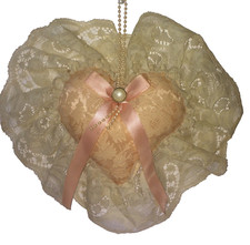 Pink Satin Heart w Lace Over Lay Pink Ribbon and Pearls