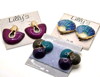Lot of 3 Pairs Vintage 1980s Lilly s Jewels Earrings   Bold Enamel Clip-On...