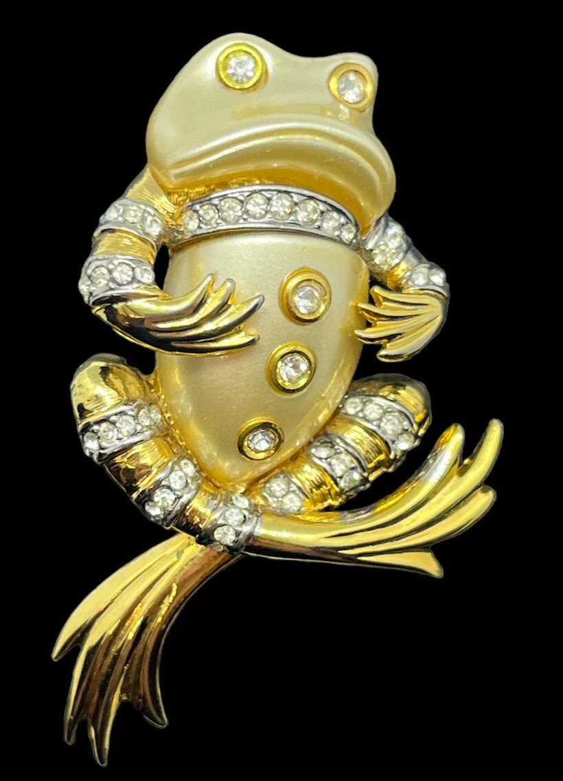Kenneth Jay Lane Frog Brooch Pin Vintage Lucite Enamel Gold tone w Rhinestones