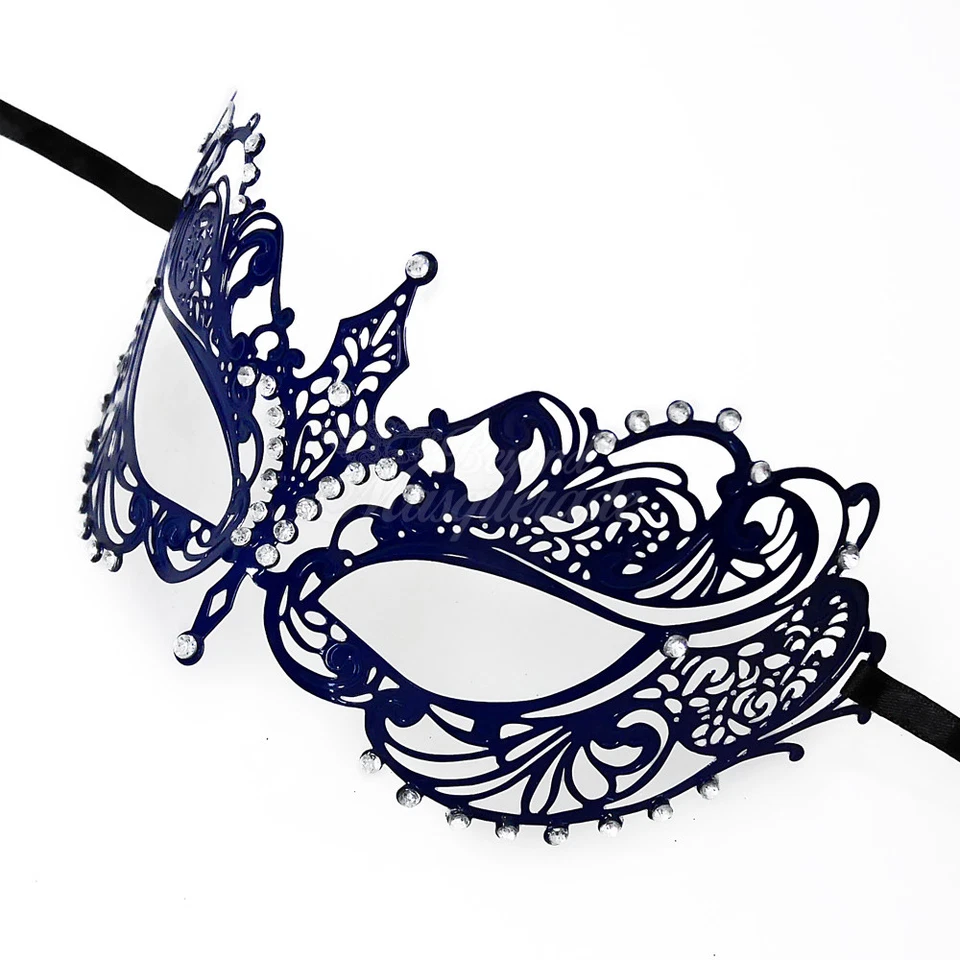 Dark Blue Light Metal Filigree Mardi Gras Venetian Masquerade Mask for Women - Image 4 of 4