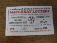 30/09/2000 Matchday Lottery Ticket: Hartlepool United v York City