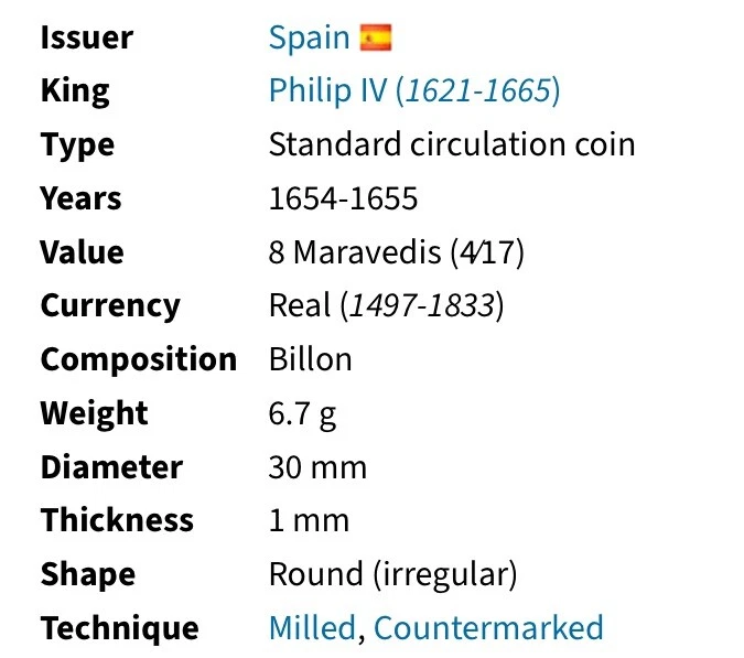 1654 Spanish Empire Coin Pirate Era Counterstamp Maravedis (see Description) - Image 3 of 4