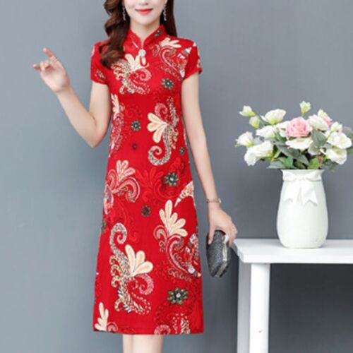 Female Girl Long Dress Cheongsam Going Out Short Sleeve Flower Printed - Picture 1 of 10