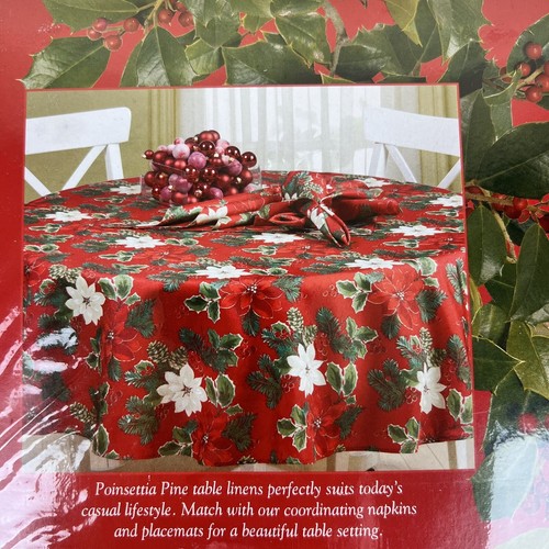 Poinsettia Pine Damask Red Tablecloth 60" x 102" Oblong Table Linen - NEW - Picture 6 of 7
