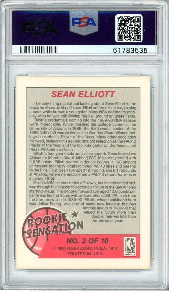 1990 Fleer Rookie Sensations #2 Sean Elliott Misspell Elliot On Front PSA 9 - Image 2 of 2