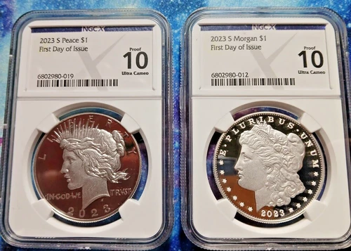 2023 S US 2 Coin Morgan and Peace Silver Dollar Proof Set NGC PF70 First Day Iss