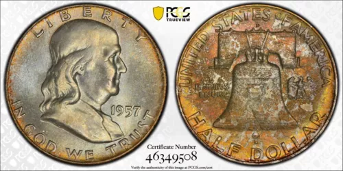 1957 D Franklin Silver Half Dollar - NGC MS65+ Plus - Great Toning - TrueView
