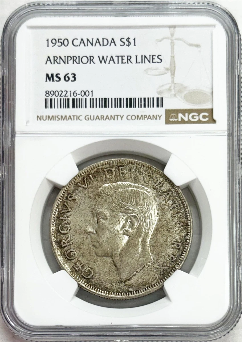 1950 SILVER CANADA $1 ARNPRIOR WATER LINES DOLLAR COIN NGC MINT STATE 63