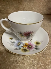 Duchess White Floral Gold Trim Teacup and Saucer Set Bone China