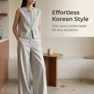 Damen Langarm Hosen Set - Freizeit Wollmischung Weites Bein Oberteil Anzug