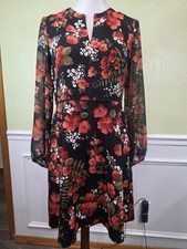 Ann Taylor Factory 6 Petite Black Red/Orange Floral Fit & Flare Dress