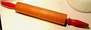 Vintage Wooden Rolling Pin w Red Wood Handles 18 " Farmhouse Rustic Antique