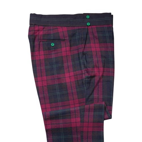 Mens Gurkha Pants 38 Pink Blue Plaid Cotton Trousers Straight Fit Flat Front - Picture 7 of 8