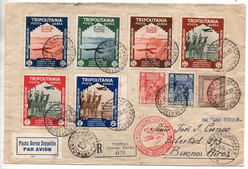 1934 TRIPOLITANIA ITALY TO ARGENTINA ZEPPELIN COVER, UNIQUE FRANKING, TOP RARITY