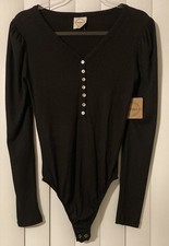 Woman  s Black Long Sleeve Bodysuit Size Medium Bodycon Button Accents Basic  