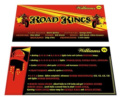 Williams Road Kings Pinball Custom Apron Instruction Cards