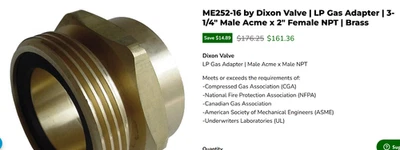 Dixon MEC 252-16 LP Gas Adapter | 3-1/4" Male Acme x 2" Female NPT | Brass *NEW*