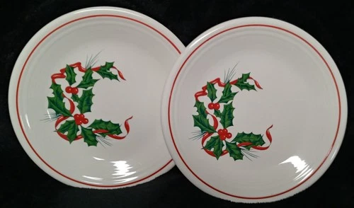Set of 2 Homer Laughlin HOLIDAY FIESTA Holly Ribbon Fiestaware SALAD PLATES