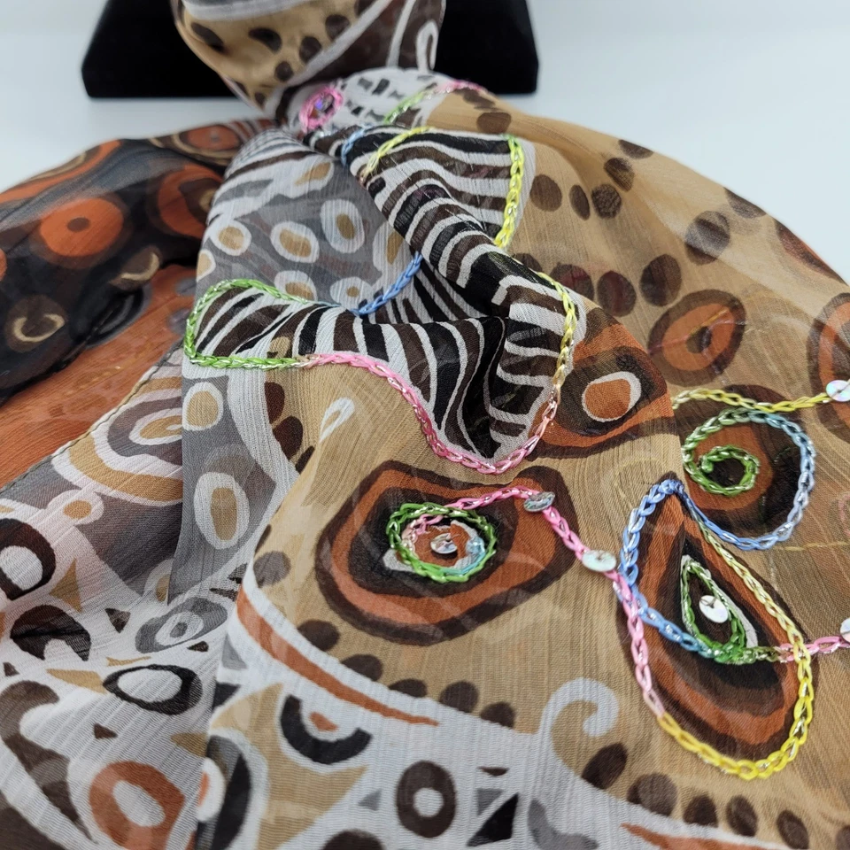 Acessório de moda transparente estampa abstrata cachecol enfeitado marrom laranja branco - Imagem 3 de 4