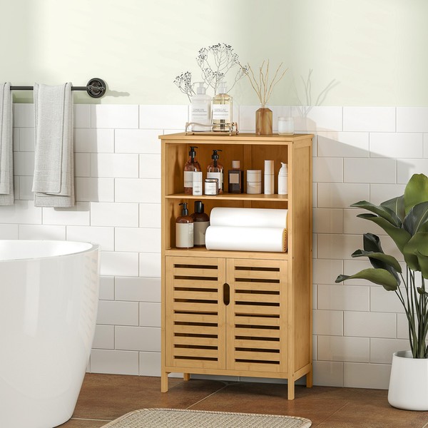 Kleankin Badezimmerschrank, Unterschrank Mit LamellentüRen, Badschrank, Bambus-image