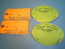 2 Lake Hotel killarney , 2 Dunraven Arms Limerick Ireland Luggage label vintage