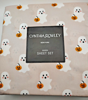 Cynthia Rowley Queen Halloween Sheet Set Ghosts Holding Jack-O-Lantern Pumpkin
