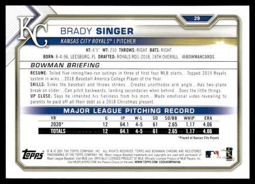 2021 Bowman Brady Singer Rookie Kansas City Royals #29 - Zdjęcie 2 z 2