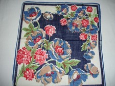 VTG. UNBRANDED COTTON NAVY BLUE FLORAL HANKIE,11 X 12 IN