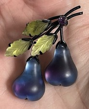 Vintage AUSTRIA Forbidden Fruit Purple Blue Pears Molded Glass Leaves Brooch