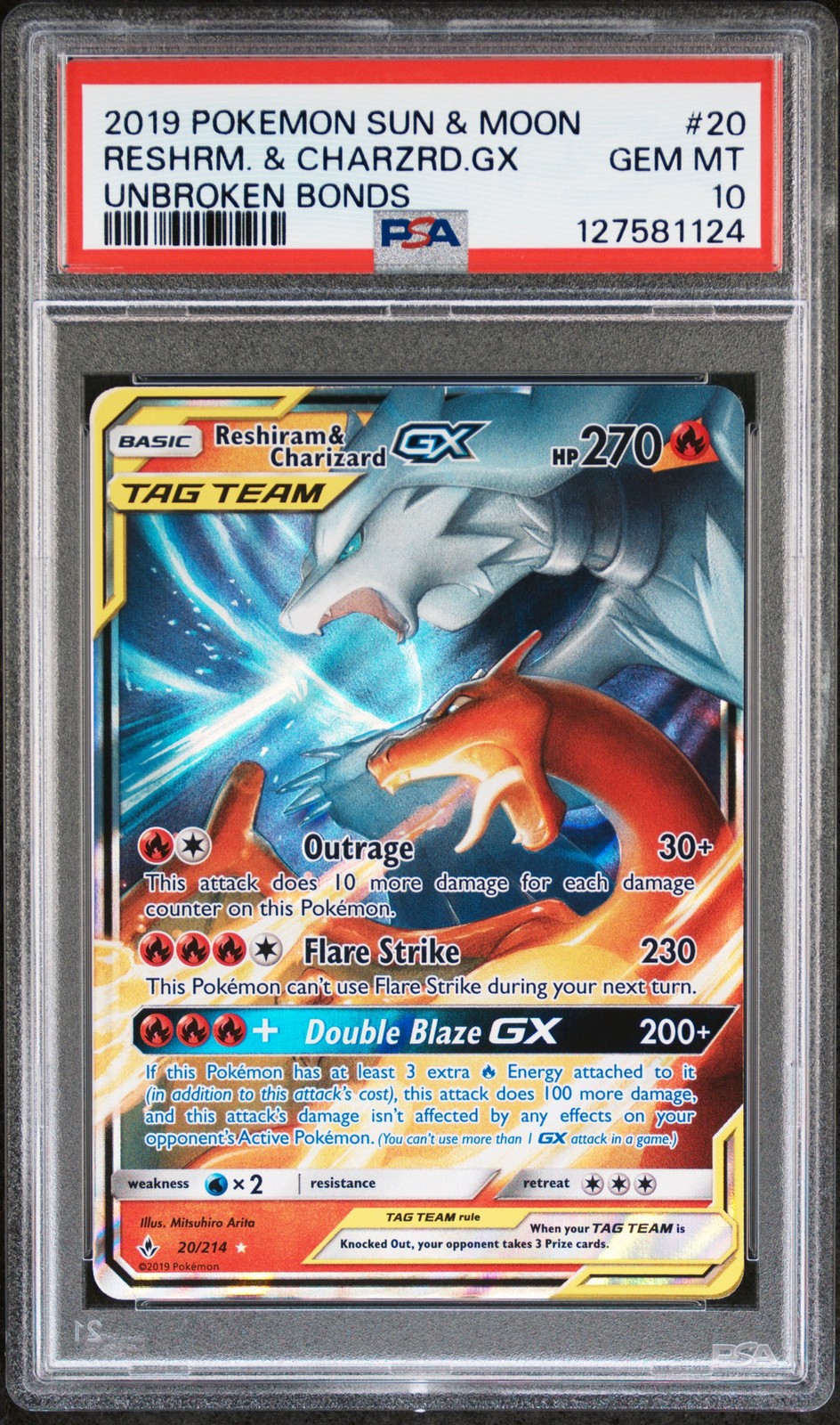 2019 POKEMON SUN & MOON UNBROKEN BONDS #20 RESHIRAM & CHARIZARD GX PSA 10