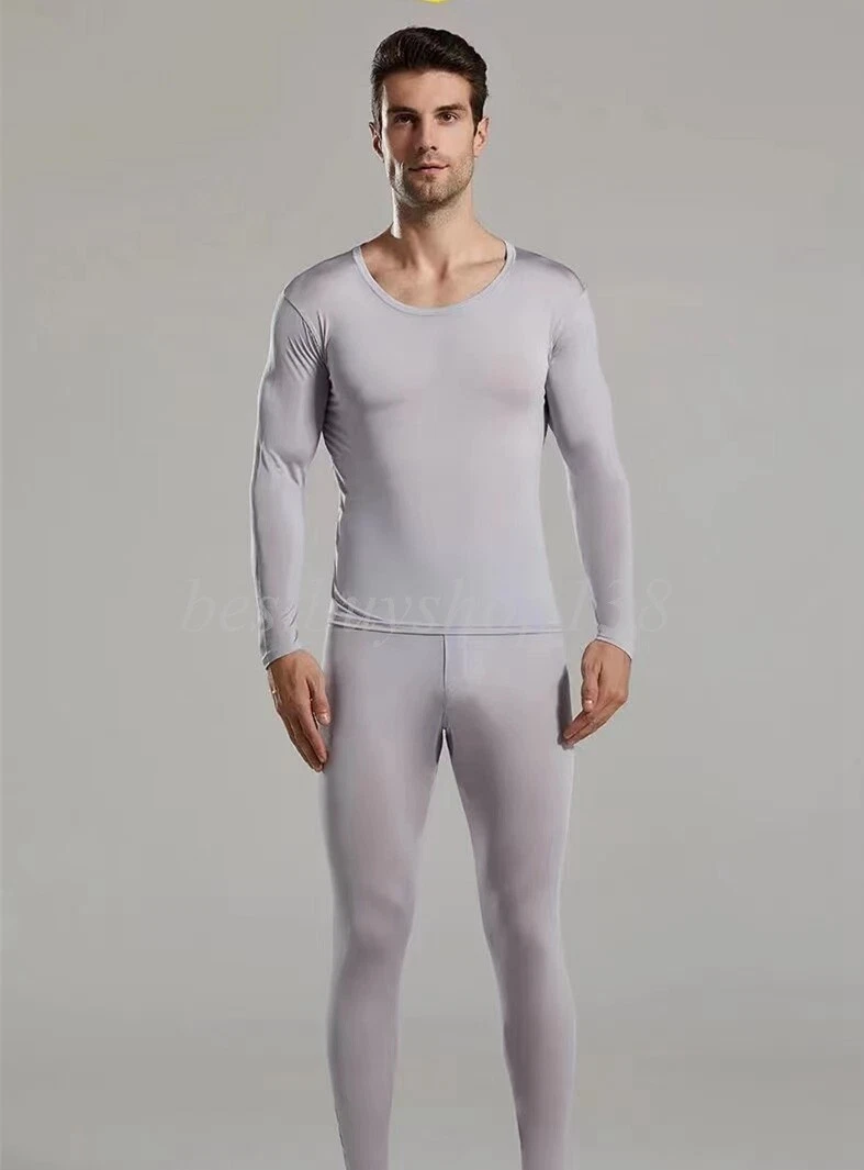 Men Pure Silk Long Johns Thermal Underwear Set Round Neck Base