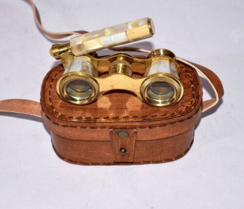 Antique Vintage Opera Glasses Mother Pearl Brass Binocular with Leather Case - Afbeelding 1 van 5
