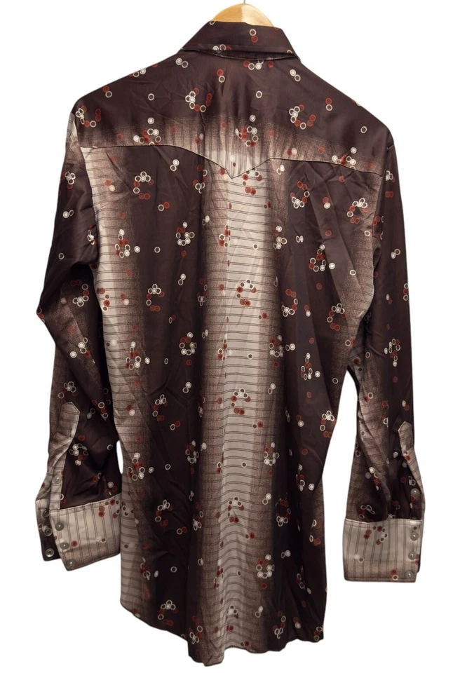 Camisa H Bar C De Colección Años 70 Para Hombres 15.5/33 Western Pearl Marrón A Presión Geométrica Cola Larga Foto 4 de 4
