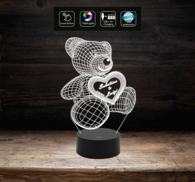 Lampada Led SAN VALENTINO 7 colori selezionabili – REGALO NASCITA ORSETTO 3D - Immagine 3 di 4