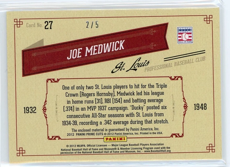 2012 Prime Cuts#27 Joe Medwick Timeline Custom City SP 2/5 St. Louis Cardinals - Image 2 of 2